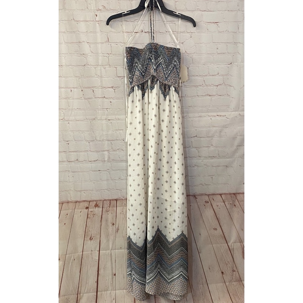 Altar'd State Cream Maxi Dress with Blue and Brown Pattern